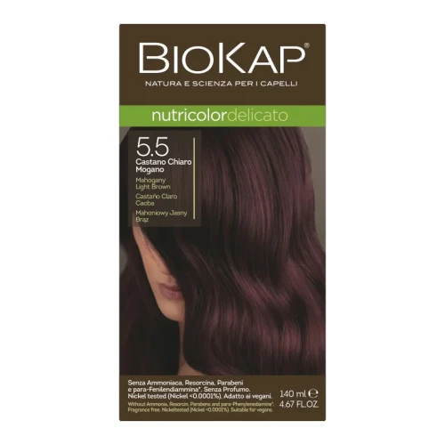 Biokap Nutricolor Delicato 5.5 Mahoniowy Jasny Brąz, 140 ml - Farba do włosów bez amoniaku, rezorcyny, parabenów, a także PPD.