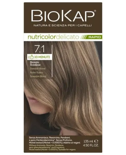 Biokap Nutricolor Delicato Rapid 7.1 Szwedzki blond, 135 ml - Farba do włosów na bazie naturalnych składników, bez amoniaku, rezorcyny, parabenów i PPD. Kolor w 10 minut