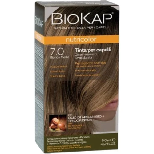 Biokap Nutricolor 7.0 Średni blond, 140 ml - Farba do włosów bez amoniaku, rezorcyny, parabenów