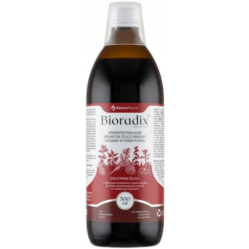 Xenico Bioradix Żelazo w płynie z bio miodem, 500 ml - Żelazo w formie diglicynianu z witaminami i ekstraktami roślinnymi