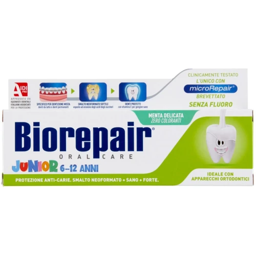 Biorepair Junior Pasta do zębów dla dzieci bez fluoru, 75 ml - Ochrona szkliwa i zębów mlecznych dla dzieci 6-12 lat z microRepair®