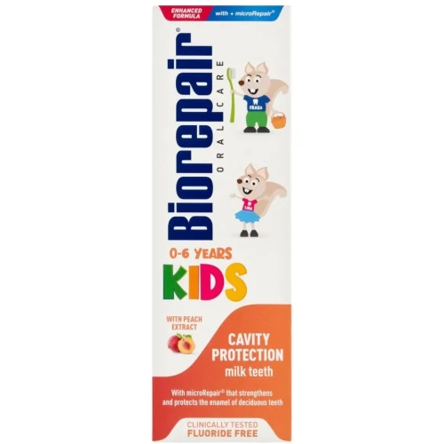 Biorepair Kids Pasta do zębów dla dzieci brzoskwiniowa, 50 ml - Ochrona zębów mlecznych i remineralizacja szkliwa dla dzieci 0-6 lat