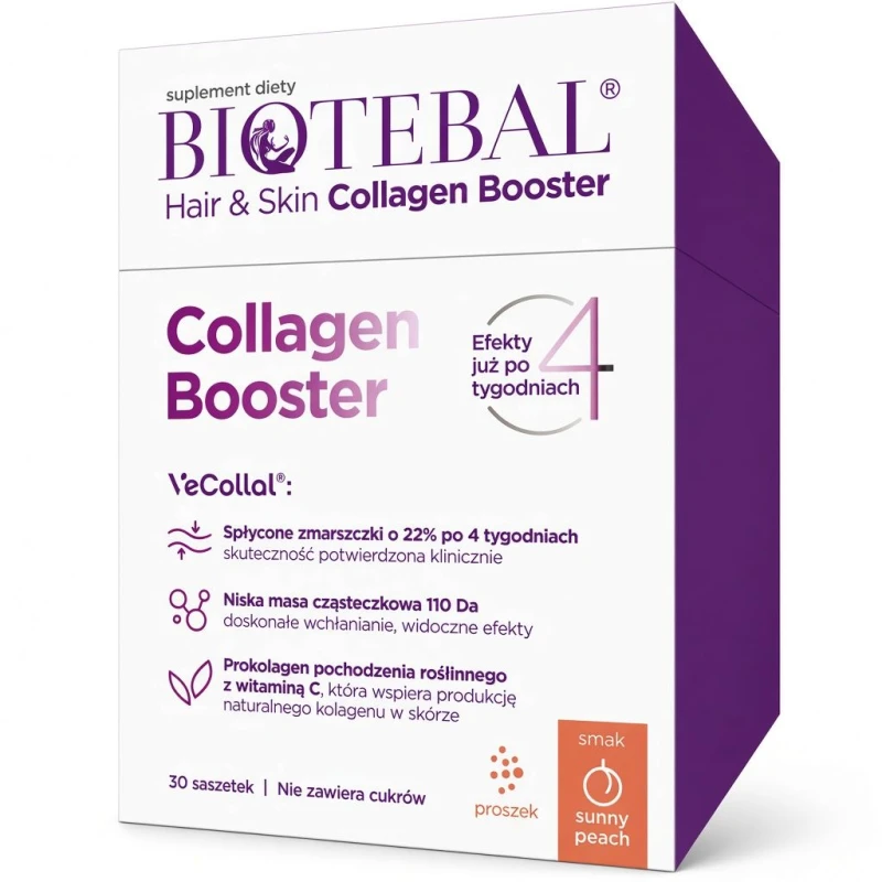 Biotebal Hair & Skin Collagen Booster o smaku brzoskwiniowym, 30 saszetek - Z aminokwasami, biotyną i kompleksem witaminowo-mineralnym