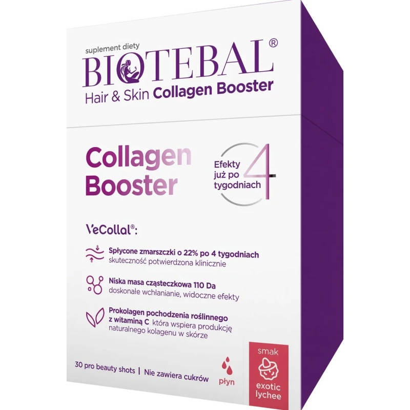 Biotebal Hair & Skin Collagen Booster o smaku liczi, 30 saszetek - Płynna formuła z aminokwasami i kompleksem składników odżywczych