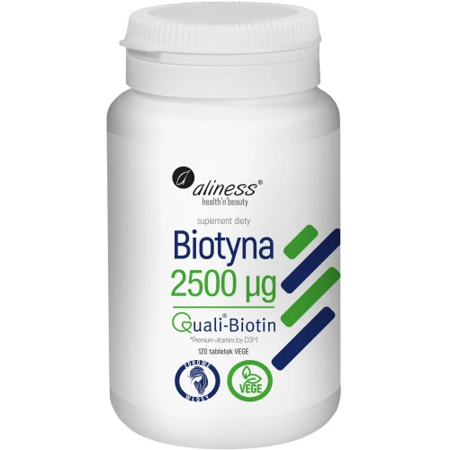 Aliness Biotyna QualiBiotin 2500 mcg, 120 tabletek - Biotyna wspiera zachowanie zdrowego wyglądu włosów i skóry