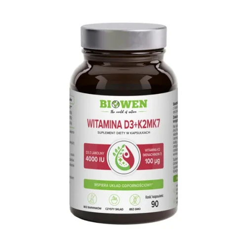 Biowen Witamina D3 + K2, 90 kapsułek - Suplement diety z witaminą D3, K2 MK-7 i witaminą E