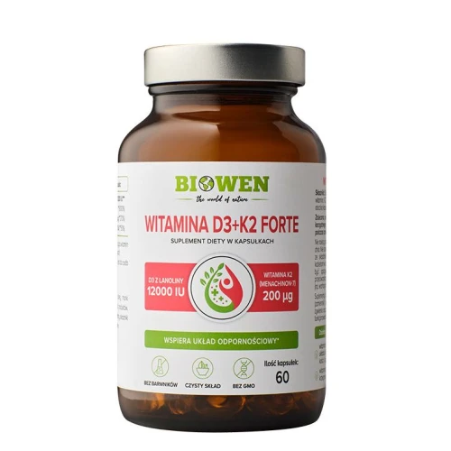 Biowen Witamina D3 + K2 Forte 12000 IU, 60 kapsułek - Suplement diety z witaminą D3, K2 MK-7 i witaminą E