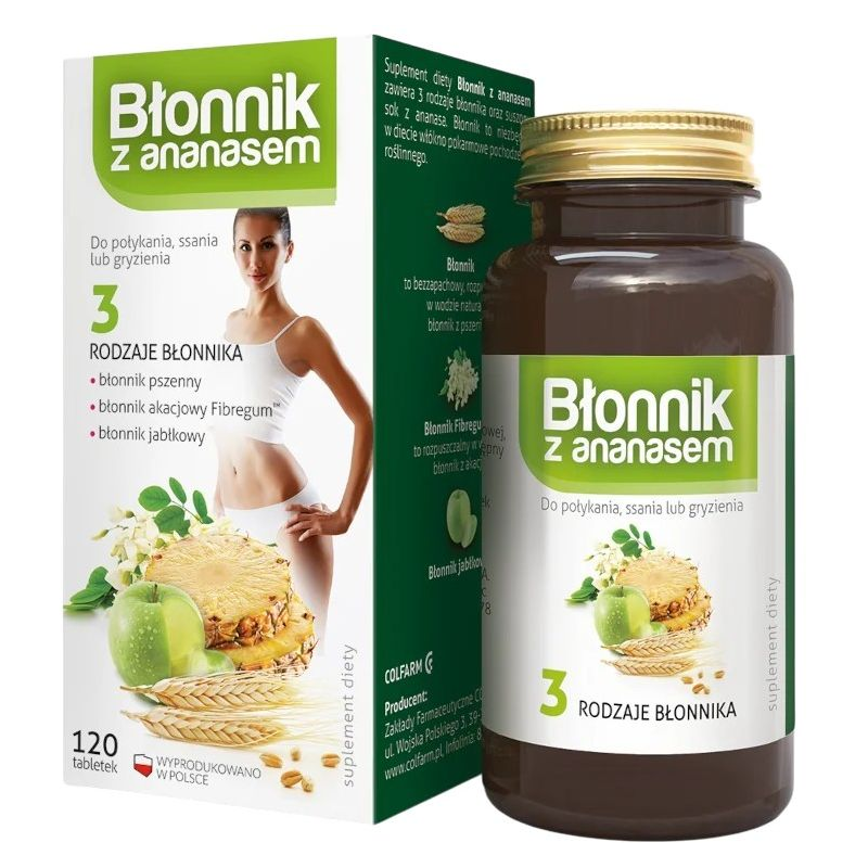 Colfarm Błonnik z ananasem, 120 tabletek  - Suplement diety zawierający 3 rodzaje błonnika 