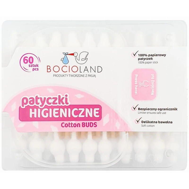 Bocioland Patyczki do uszu, 60 sztuk - Dla niemowląt od 1. dnia życia, z ogranicznikiem