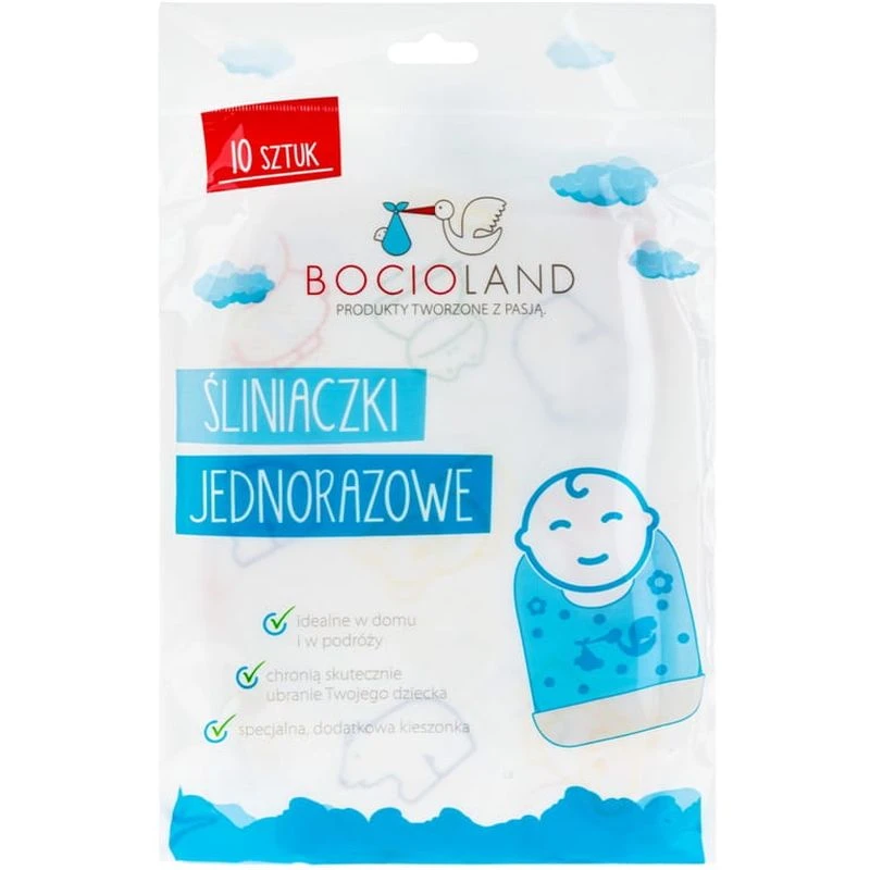 Bocioland Śliniaki jednorazowe, 10 sztuk - Chłonne, z kieszonką na okruszki