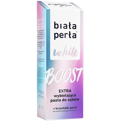 Biała Perła White Boost, extra wybielająca pasta do zębów, 75 ml - Z perłowymi kryształkami, usuwa plamy z zębów i nadaje im perłowy połysk