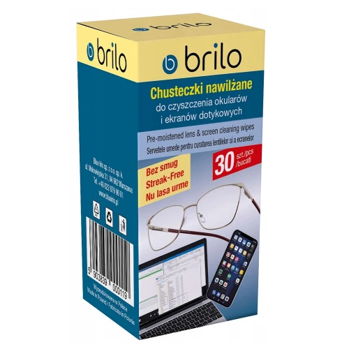 Brilo Chusteczki nawilżane do czyszczenia okularów, 30 sztuk - Czyszczą, nie pozostawiają smug Brilo Chusteczki nawilżane do czyszczenia okularów, 30 sztuk - Czyszczą, nie pozostawiają smug
