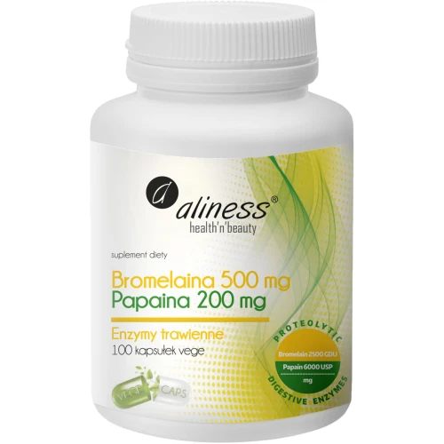 Aliness Bromelaina 500 mg, Papaina 200 mg, 100 kapsułek - Naturalne enzymy roślinne w wegańskich kapsułkach