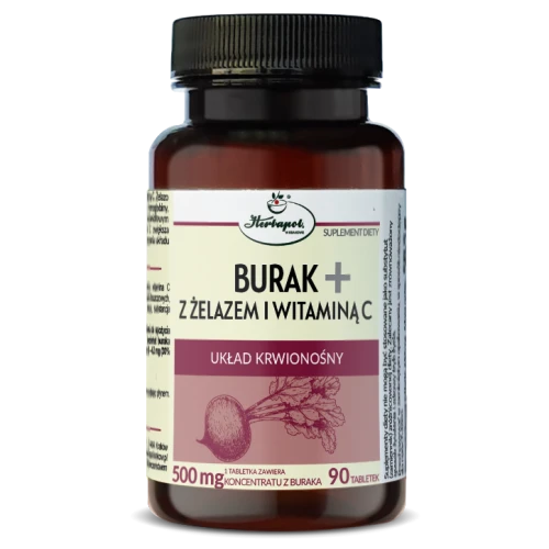 Burak+ z żelazem i witaminą C, 90 tabletek - Kompozycja składników wspierających układ krwionośny