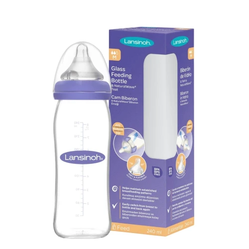 Lansinoh Szklana butelka ze smoczkiem, 240 ml - Do karmienia niemowląt w wieku powyżej 3. miesiąca życia