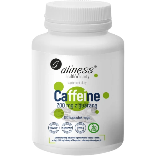 Aliness Caffeine 200 mg z guaraną, 100 kapsułek - Wsparcie koncentracji w okresach zwiększonego wysiłku umysłowego i fizycznego