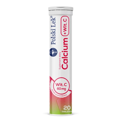 Calcium + Wit. C smak poziomkowy, 20 tabletek musujących - Dla osób dorosłych, mających zwiększone zapotrzebowanie na wapń