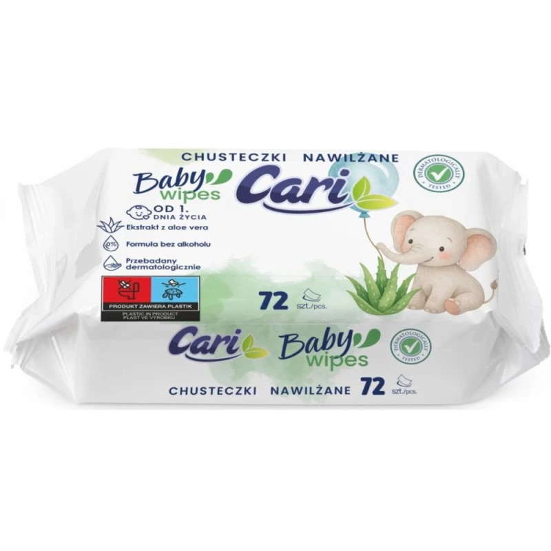 Cari Aloe Vera Chusteczki nawilżane dla dzieci, 72 sztuki - Łagodna formuła do delikatnej skóry dziecka