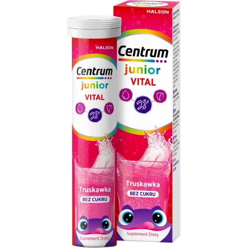 Centrum Vital Junior, smak truskawkowy, 20 tabletek musujących - Wsparcie odporności, energii i nawodnienia dzieci od 4. roku życia