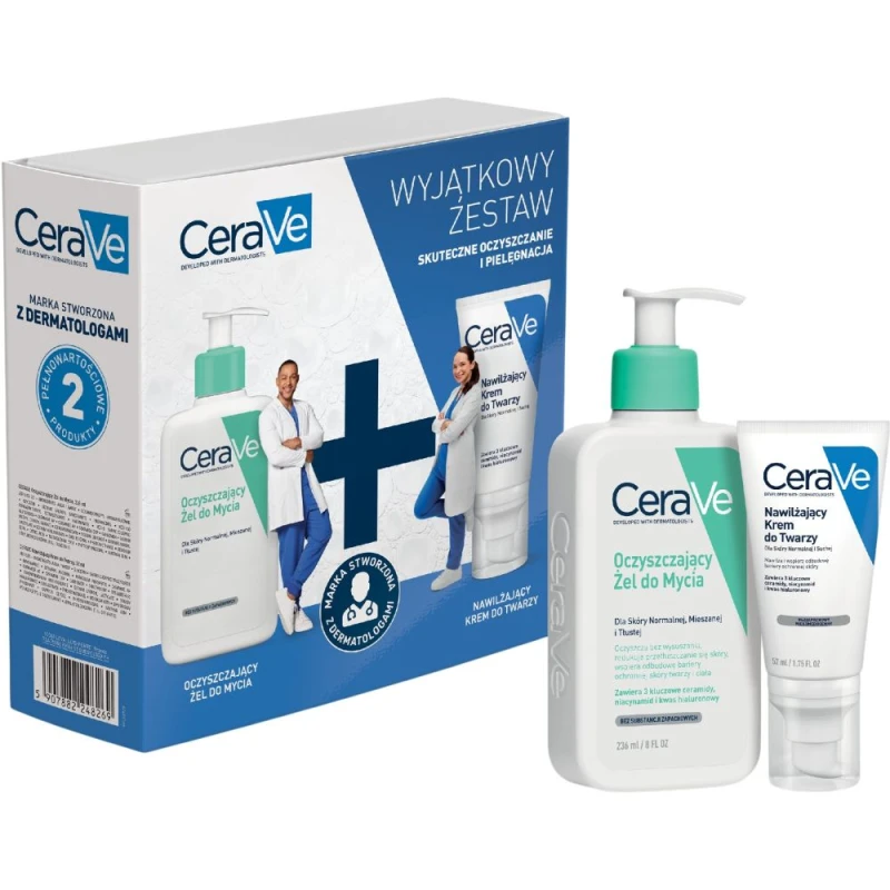 CeraVe Face Care Zestaw - Żel oczyszczający do mycia, 236 ml + Nawilżający krem do twarzy, 52 ml - Do oczyszczania i nawilżania skóry twarzy