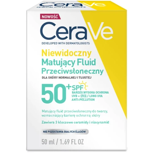 CeraVe Niewidoczny matujący fluid przeciwsłoneczny SPF 50+, 50 ml - Zapewnia 12-godzinną kontrolę sebum
