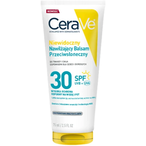 CeraVe Niewidoczny nawilżający balsam przeciwsłoneczny SPF 30, 75 ml - Zapewnia 24h nawilżenia bez białych śladów