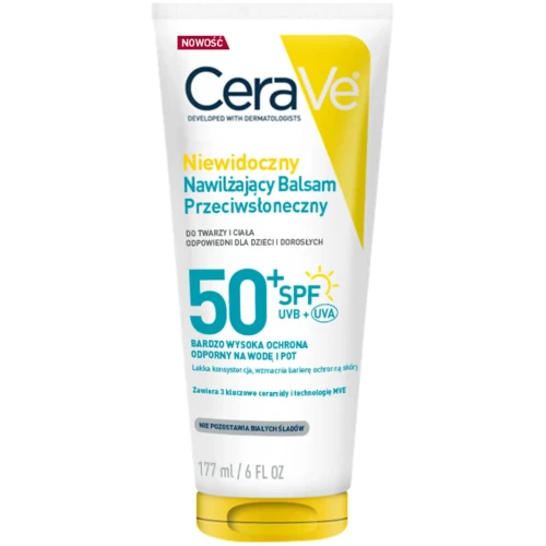 CeraVe Niewidoczny nawilżający balsam przeciwsłoneczny SPF 50+, 177 ml - Niewidoczne wykończenie i odporność na wodę oraz pot