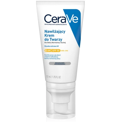CeraVe Nawilżający krem do twarzy SPF 50, 52 ml - Z ceramidami i kwasem hialuronowym - ochrona UVA i UVB