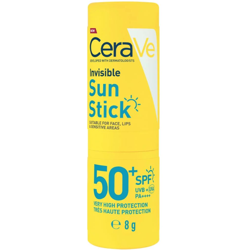 CeraVe Niewidoczny sztyft przeciwsłoneczny SPF 50+, 8 g - Wysoka ochrona UVA i UVB do twarzy, ust oraz wrażliwych miejsc