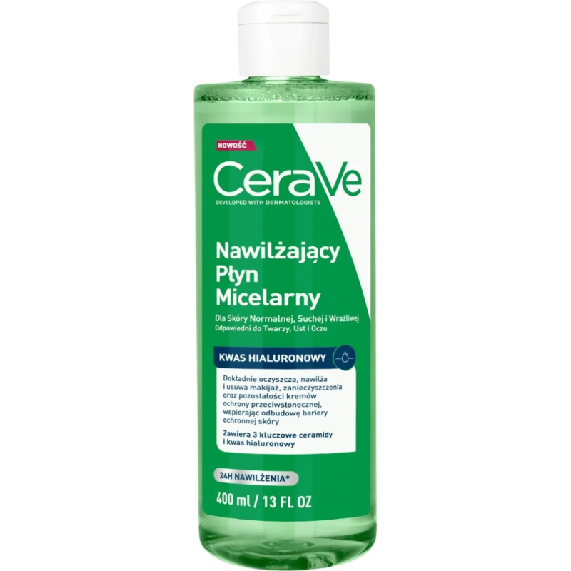 CeraVe Nawilżający płyn micelarny dla skóry normalnej, suchej i wrażliwej, 400 ml - Z ceramidami i kwasem hialuronowym
