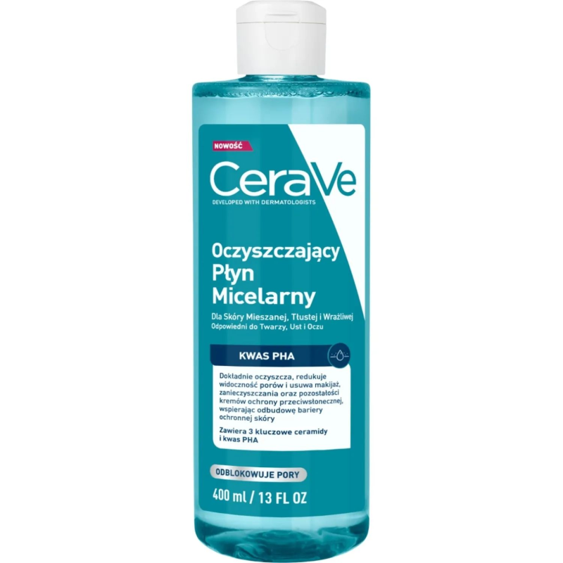 CeraVe Oczyszczający płyn micelarny dla skóry mieszanej, tłustej i wrażliwej, 400 ml - Z ceramidami i kwasem PHA