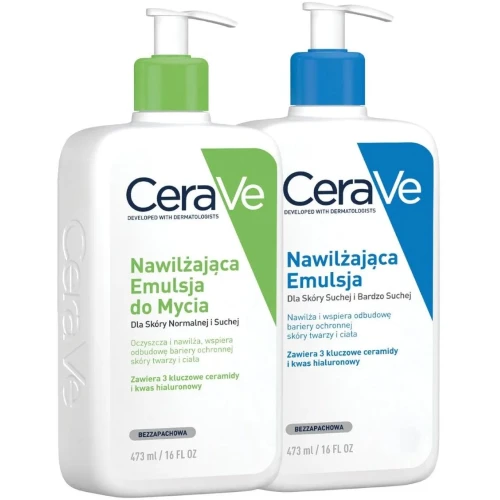 CeraVe Zestaw Emulsja nawilżająca do mycia 473 ml + Emulsja nawilżająca do ciała 473 ml - Delikatne mycie i intensywne nawilżanie