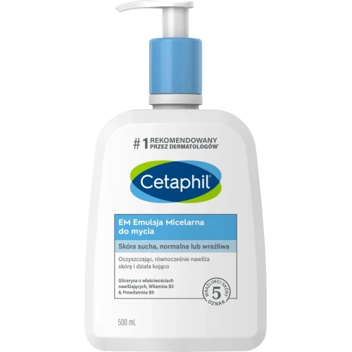Cetaphil EM Emulsja Micelarna, 500 ml - Emulsja nawilżająca do mycia wrażliwej skóry twarzy