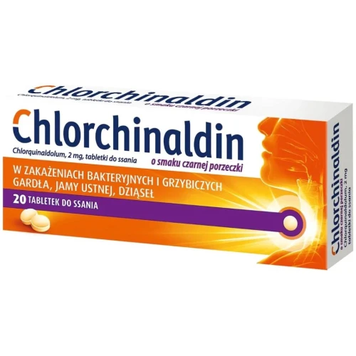 Chlorchinaldin 2 mg, czarna porzeczka, 20 tabletek do ssania - Na zakażenia  jamy ustnej i ból gardła