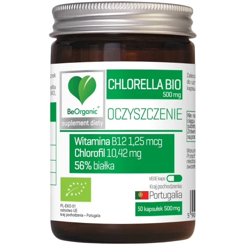 BeOrganic Chlorella BIO 500 mg, 50 kapsułek - Wysoka zawartość białka i chlorofilu