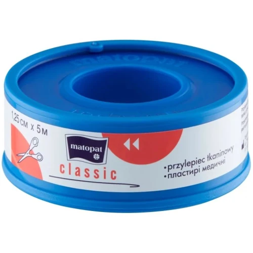 Matopat Classic tkaninowy przylepiec na szpulce 1,25 cm x 5 m, 1 sztuka - Plaster z miękkiej i elastycznej tkaniny do mocowania opatrunków i bandaży