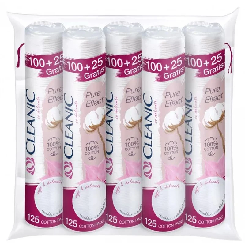 Cleanic Pure Effect Płatki kosmetyczne, 5 x 125 sztuk - Do demakijażu i oczyszczania twarzy oraz oczu
