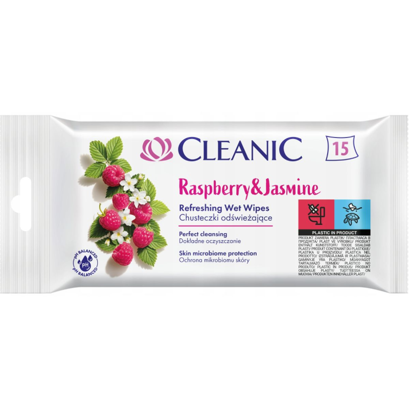 Cleanic Raspberry & Jasmine Chusteczki odświeżające, 15 sztuk - Do rąk i ciała o zapachu malin i jaśminu