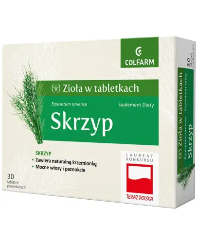 Colfarm Skrzyp, 30 tabletek powlekanych  - Z wyciągiem ze skrzypu polnego, który wspomaga wzrost włosów i kondycję paznokci 
