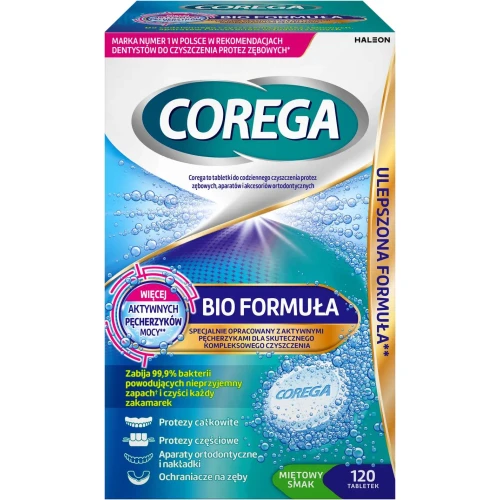 Corega Bio Formuła tabletki do czyszczenia protez zębowych, 120 tabletek - Z aktywnymi pęcherzykami zapewniającymi dokładne czyszczenie