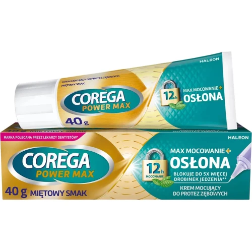 Corega Max Mocowanie + Osłona, krem do protez, 40 g - Klej do protez zębowych całościowych i częściowych, z precyzyjnym aplikatorem