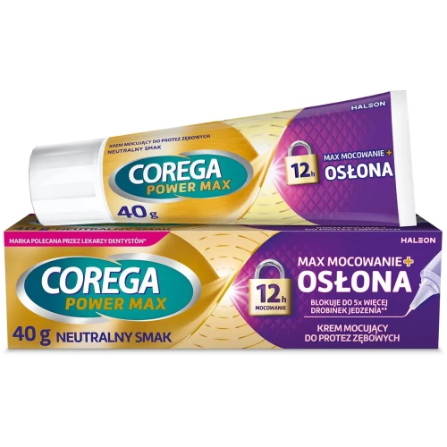 Corega Power Max Mocowanie + Osłona, neutralny smak, krem mocujący, 40 g - Silnie mocuje protezy częściowe i całkowite