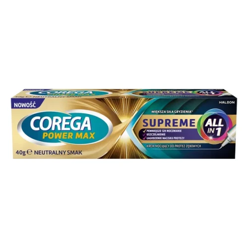 Corega Power Max Supreme All in 1 Krem mocujący do protez zębowych, 40 g - Gwarantuje mocne trzymanie protezy przez cały dzień
