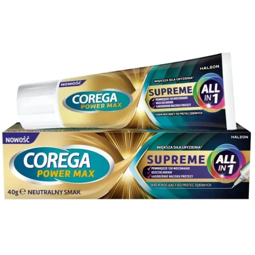 Corega Power Max Supreme All-In-1 neutralny smak, krem mocujący, 40 g - Klej do protez zębowych całościowych i częściowych, z precyzyjnym aplikatorem