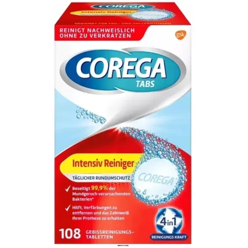 Corega Tabs Intensiv Reiniger, 108 tabletek - Z aktywnym tlenem do czyszczenia protez 