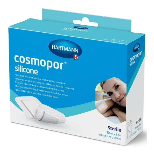 Cosmopor Opatrunek silicone 10 x 8 cm, 5 sztuk - Delikatny opatrunek do ran i podrażnień