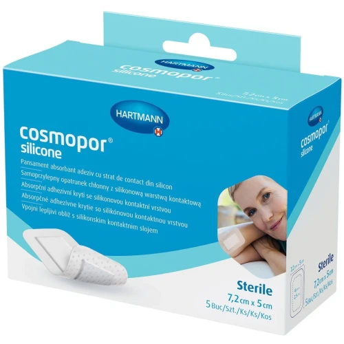 Cosmopor Silicone Samoprzylepny opatrunek chłonny, silikonowy 7,2 x 5 cm, 5 sztuk - Bezpieczny i delikatny dla wrażliwej skóry