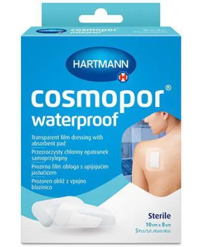 Cosmopor Waterproof, opatrunek jałowy 10 cm x 8 cm, 5 sztuk - Wodoodporny, samoprzylepny opatrunek na rany i skaleczenia