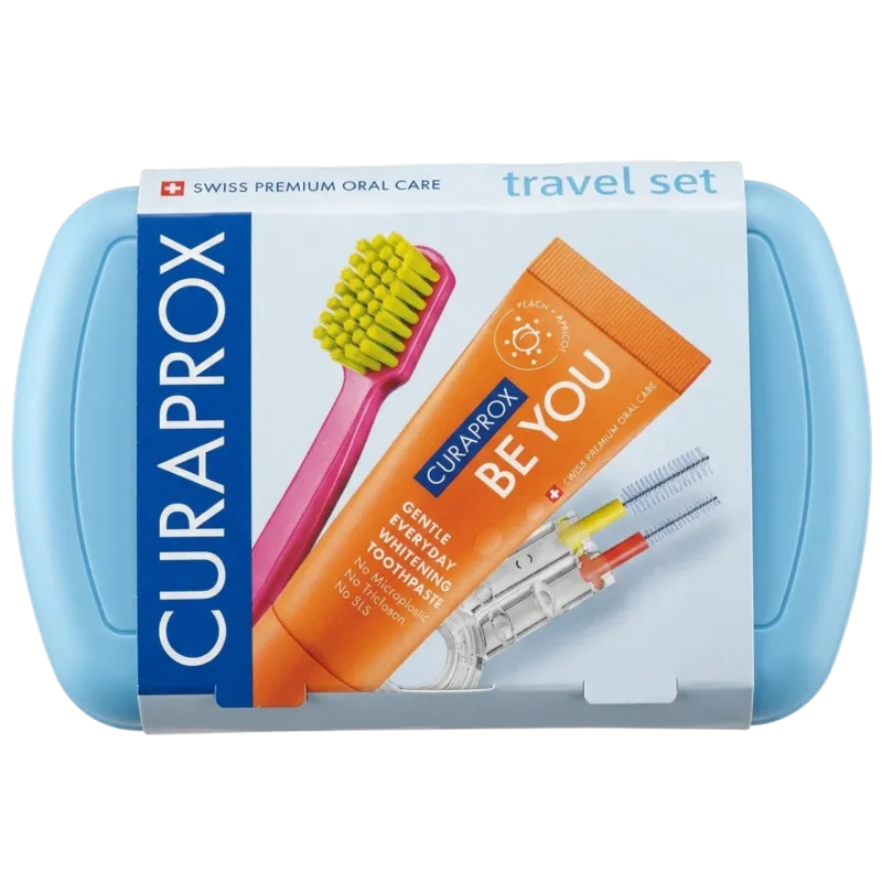 Curaprox Travel Set Duo Holder, Be You – zestaw podróżny niebieski, 1 sztuka - Pasta brzoskwinia + morela 10 ml + szczoteczka + szczoteczki międzyzębowe