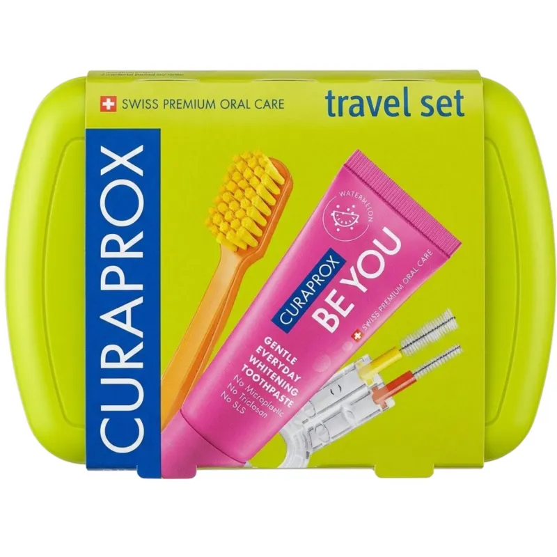 Curaprox Travel Set Duo Holder, Be You  - zestaw podróżny zielony, 1 sztuka - Pasta arbuz 10 ml + szczoteczka + szczoteczki międzyzębowe